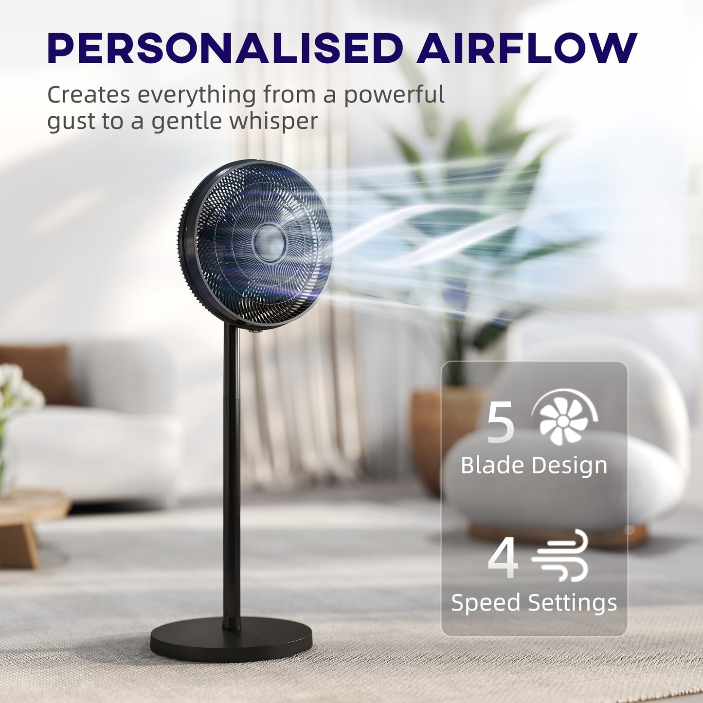 40 cm Standing Fan, Cooling Floor Fan with 80° Oscillating, Adjustable Tilt and Height, 4 Speed, Remote Control, Black