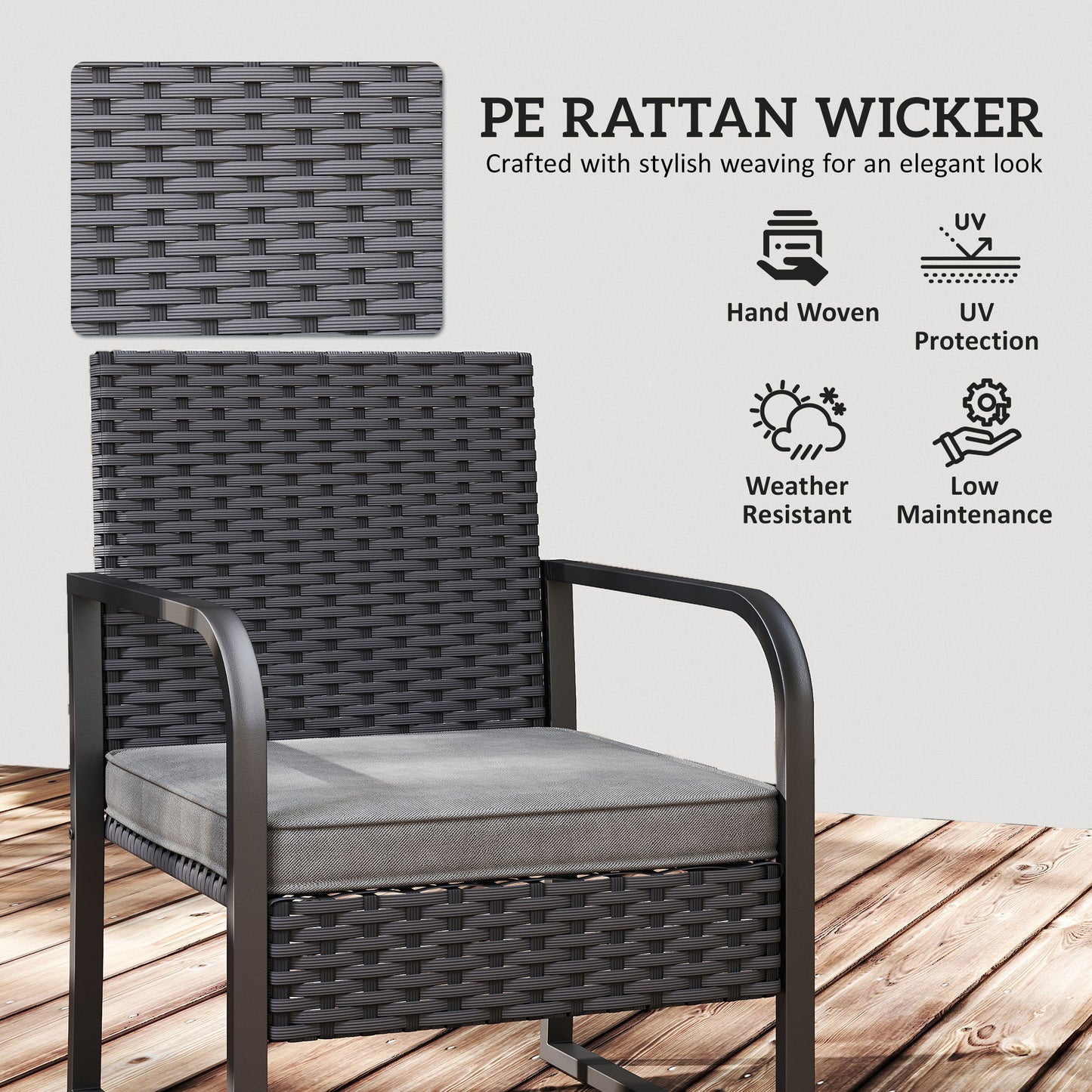 Rattan Bistro Set, 3 Piece Garden Furniture Set with Cushions and Glass Top Table, Black