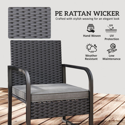 Rattan Bistro Set, 3 Piece Garden Furniture Set with Cushions and Glass Top Table, Black
