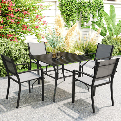 94 x 94 cm Garden Table with Parasol Hole, Outdoor Dining Garden Table for Four with Slatted Metal Plate Top, Black