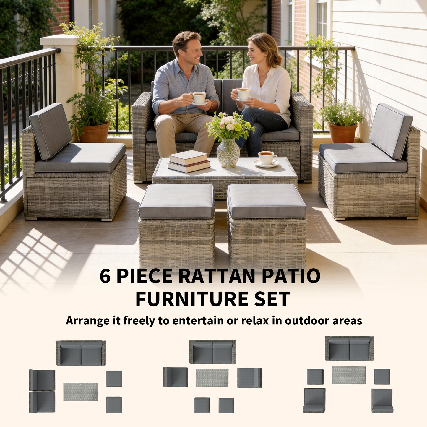 6 Piece Rattan Garden Furniture Set Loveseat, Chairs, Table, Footstools, Dark Grey
