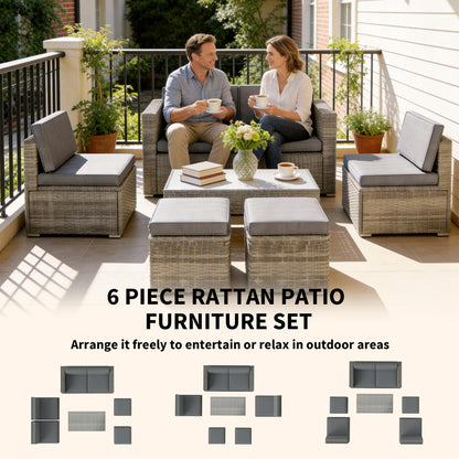 6 Piece Rattan Garden Furniture Set Loveseat, Chairs, Table, Footstools, Dark Grey