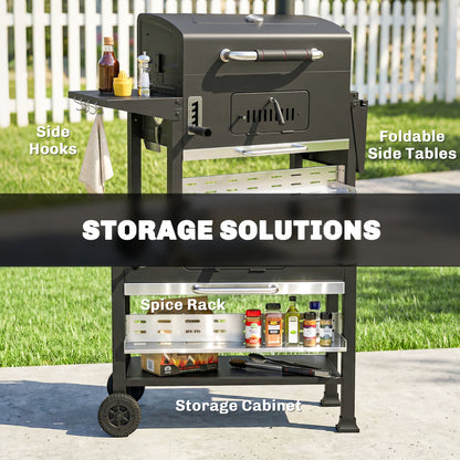 Charcoal BBQ Grill Smoker with Electric Rotisserie Kit, Portable Barbecue Grill with Warming Rack, Black