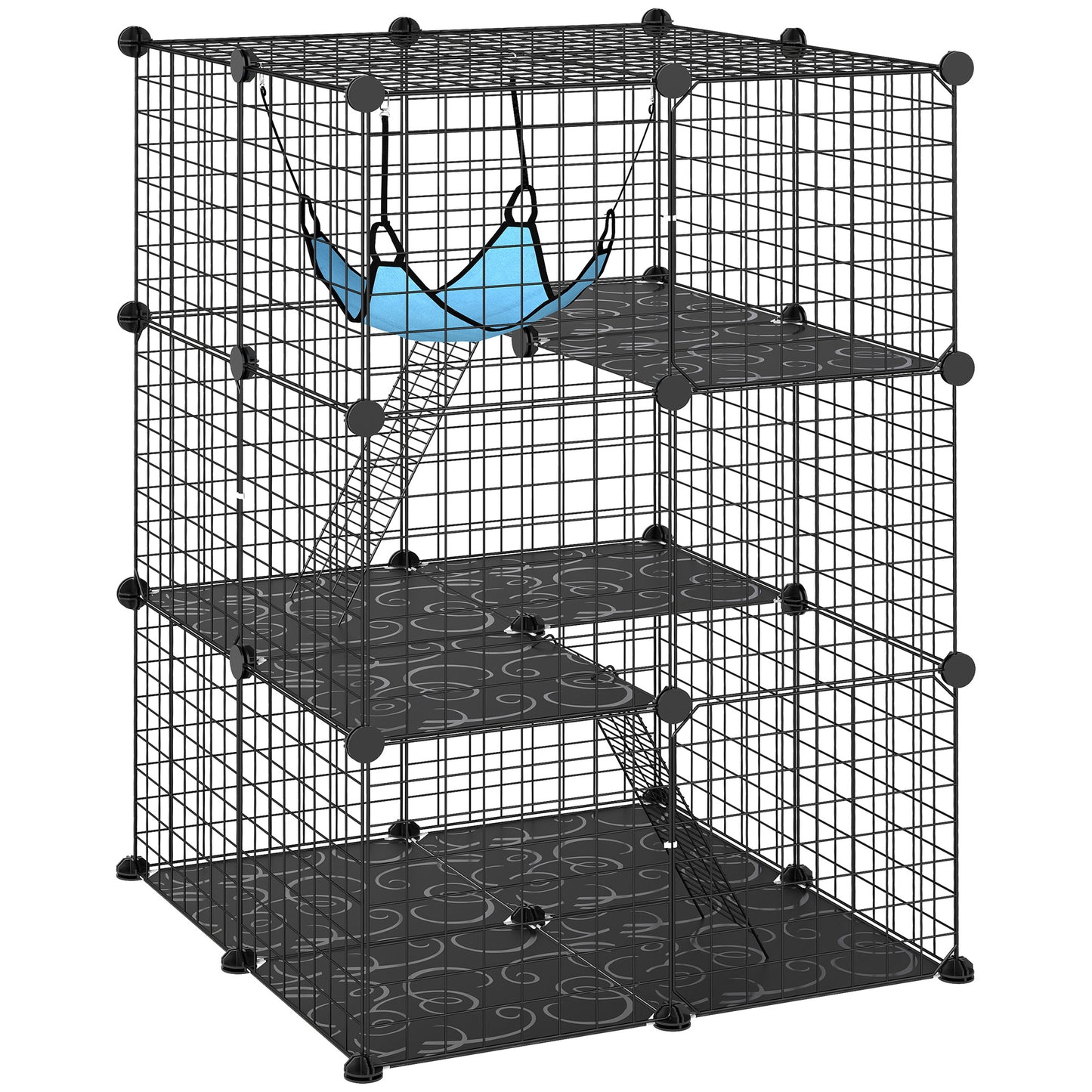 Indoor Cat Cage DIY Customizable 3-Tier Indoor Cat Enclosure with 3 Doors and Hammock 105 cm Black