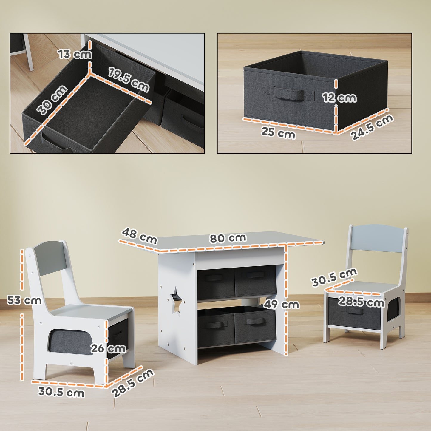 Kids Table and Chair Set, Toddler Table and 2 Chairs Set with 6 Removable Drawers, for Boys Girls Ages 3-8, Light Grey