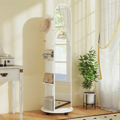 2-in-1 Full Length Mirror with Storage Shelves, Floor Mirror with 4 Wheels, Coat Rack, Hooks, White
