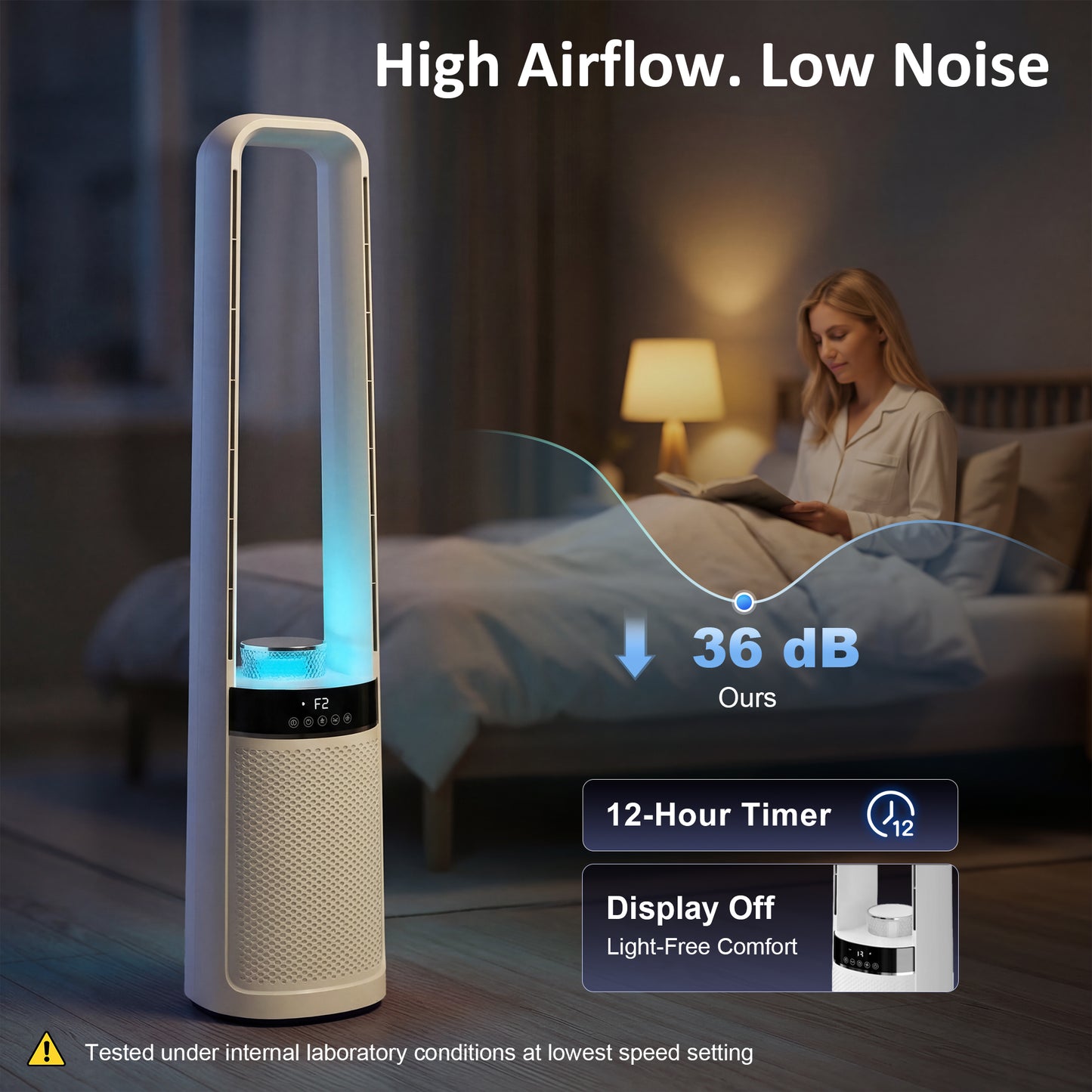 Bladeless Tower Fan, 36dB Standing Cooling Fan with Oscillating, LED Lights, 3 Speeds, 12H Timer, Remote Control