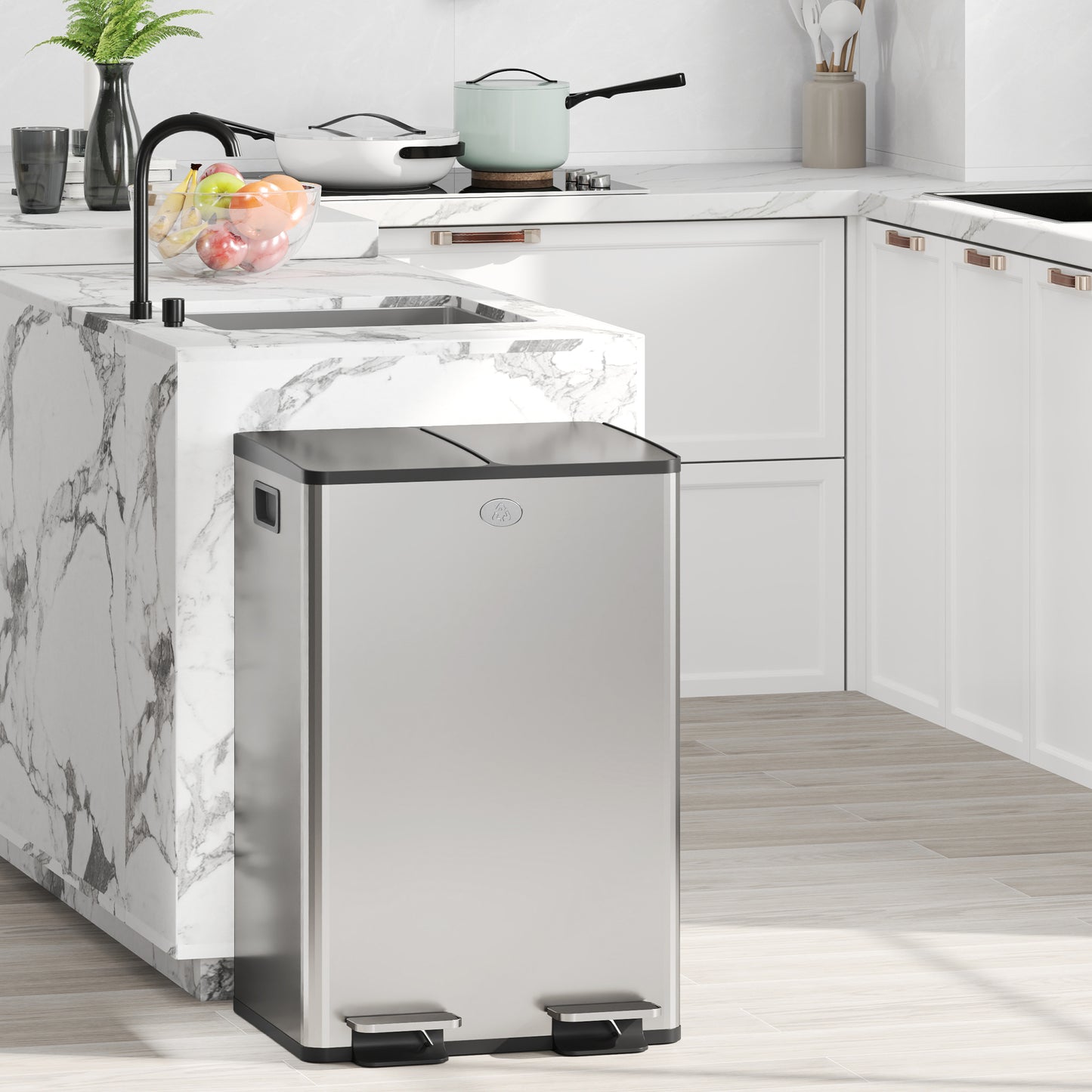 56L Dual Compartment Stainless Steel Bin, with Deodoriser Holders - Silver Tone