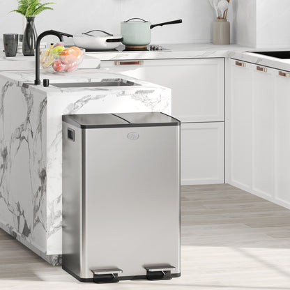 56L Dual Compartment Stainless Steel Bin, with Deodoriser Holders - Silver Tone