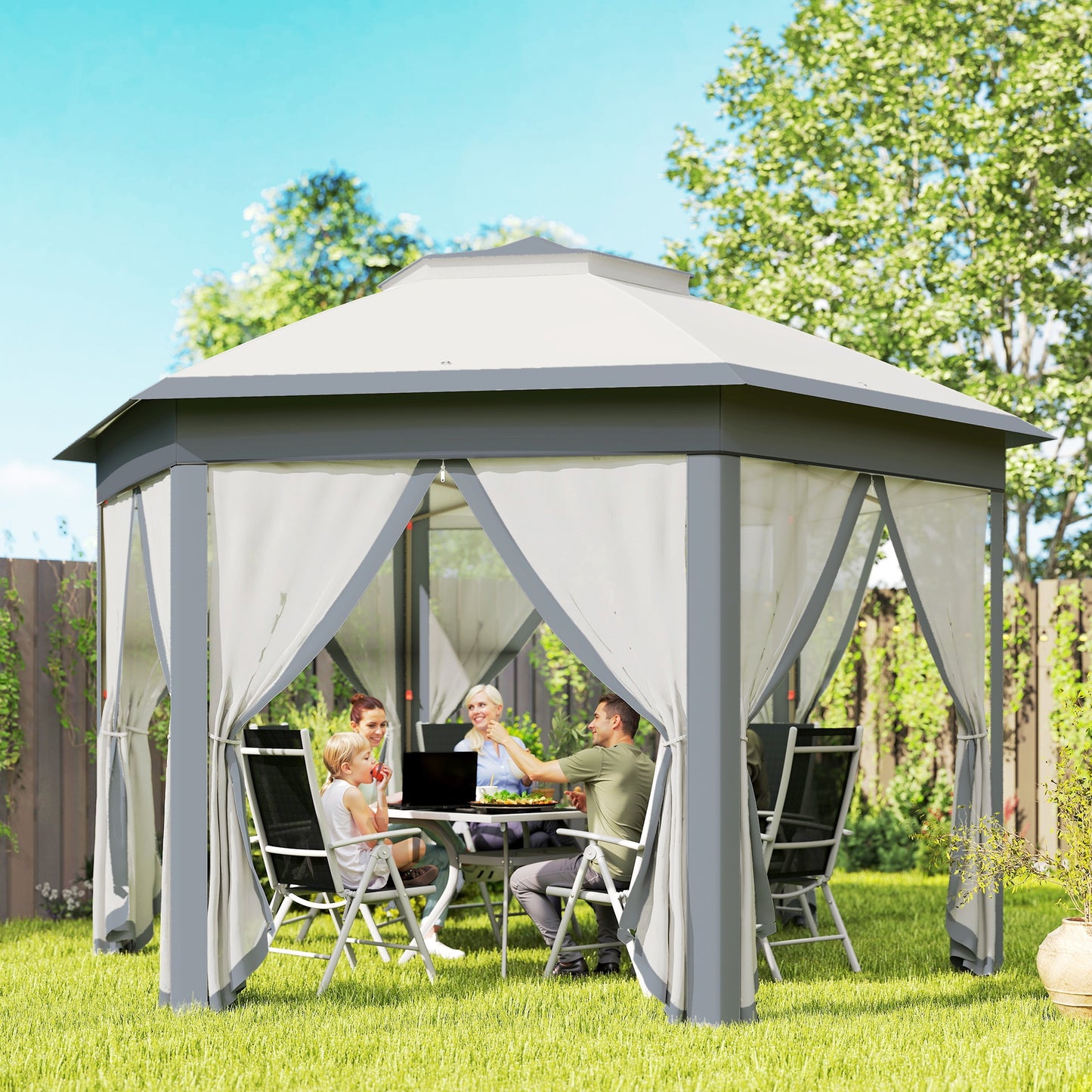 3 x 4m Metal Frame Hexagon Gazebo with UV-resistance Roof and Mesh Curtains - Grey