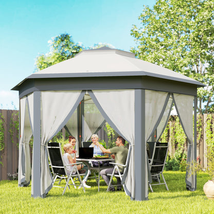 3 x 4m Metal Frame Hexagon Gazebo with UV-resistance Roof and Mesh Curtains - Grey