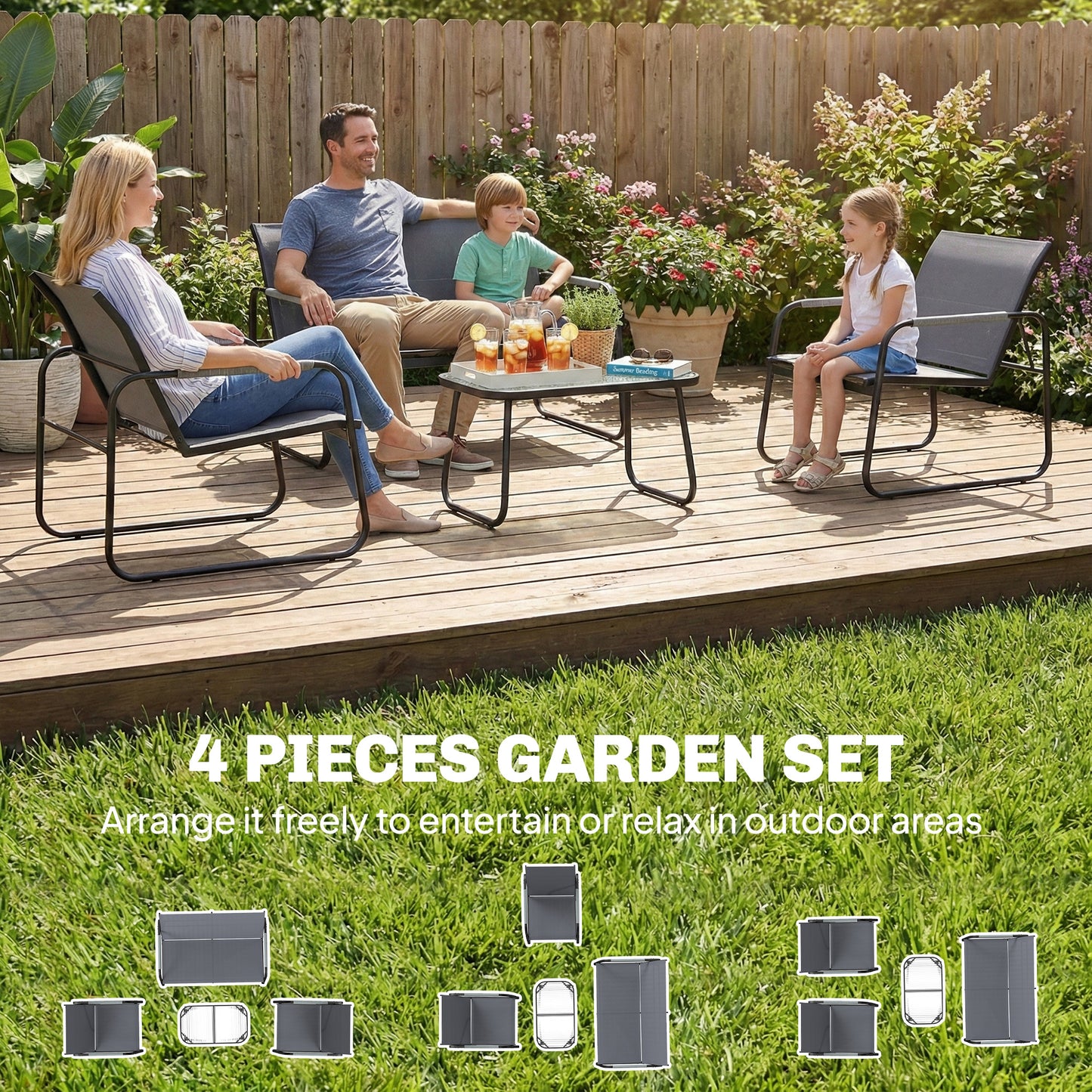 4 Piece Garden Furniture Set, Garden Sofa Set with Loveseat, 2 Armchairs, Tempered Glass Table for Balcony, Grey