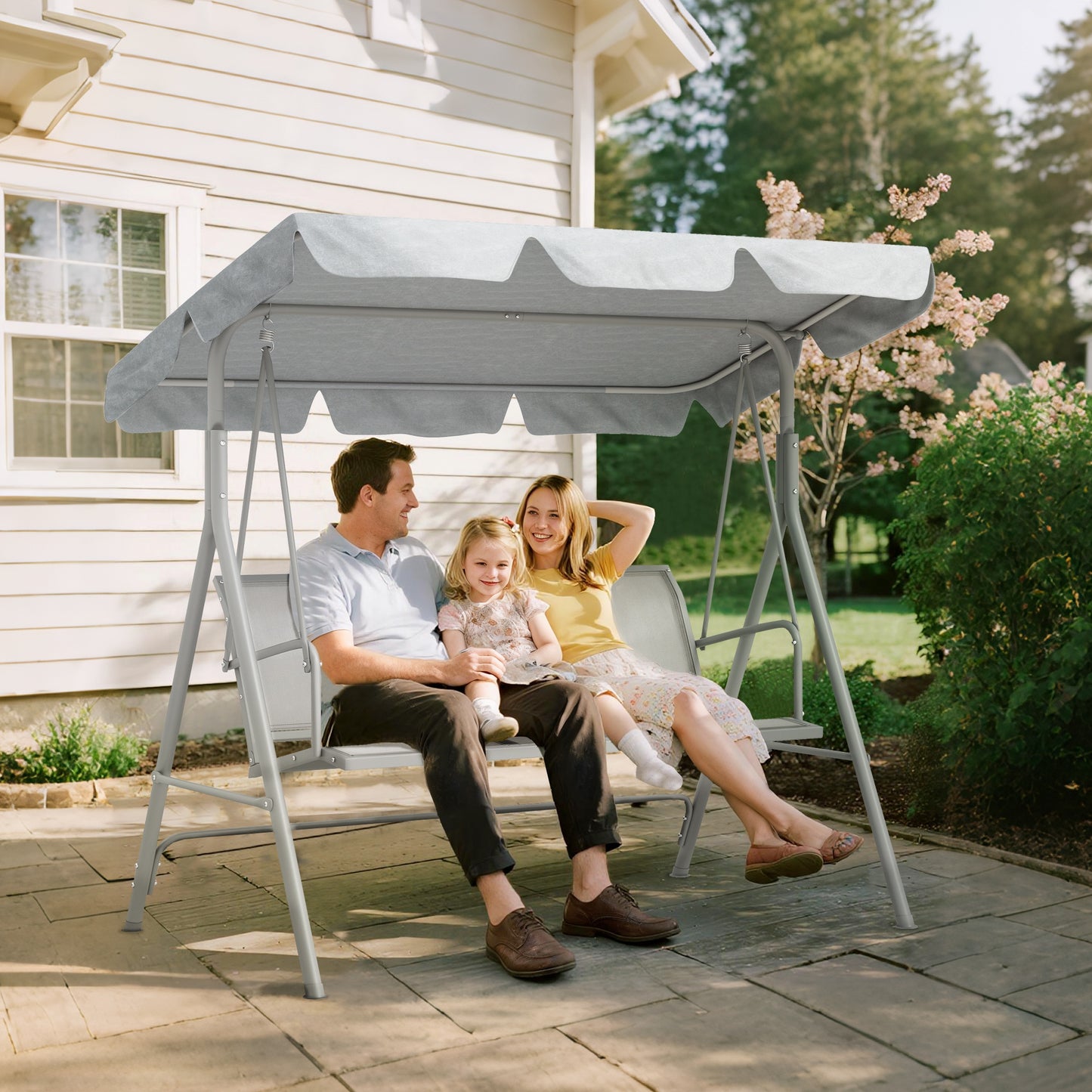 Metal Garden Swing Chair, 3-Seater Swing Seat, Patio Hammock Bench Canopy Lounger, Light Grey