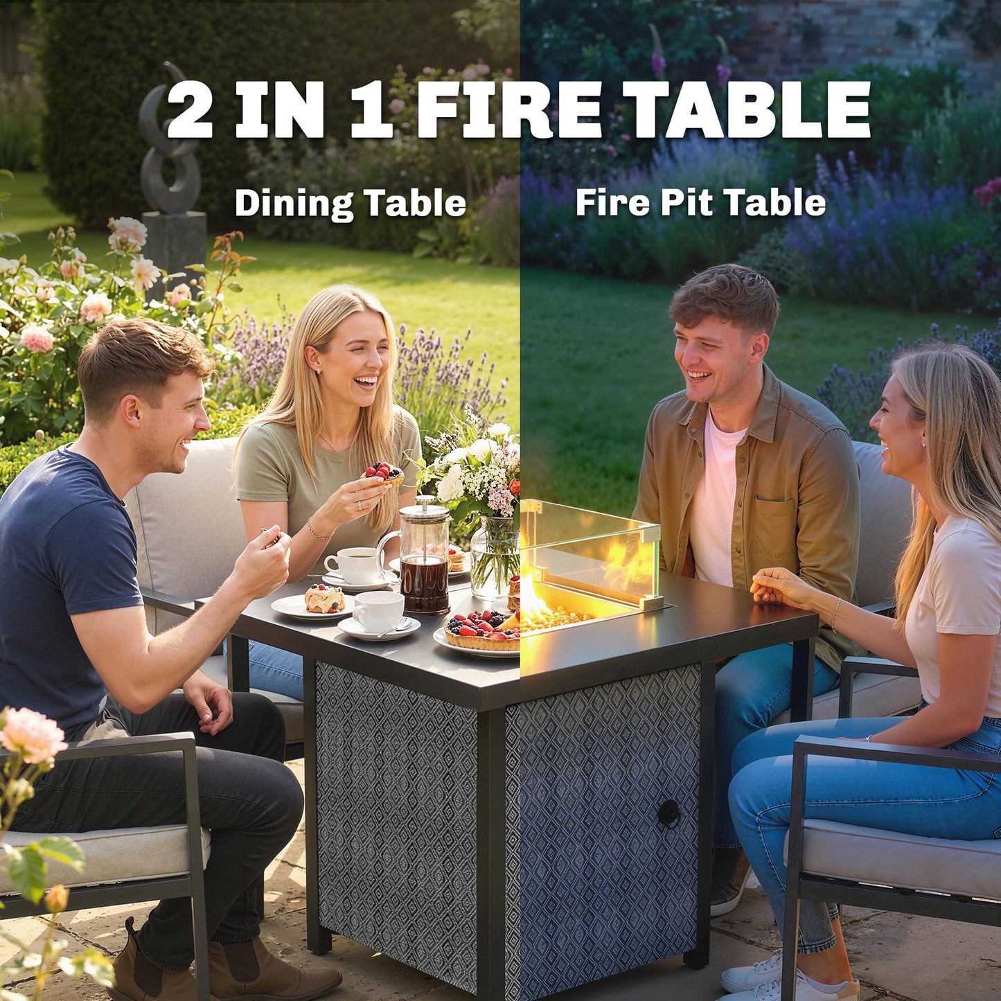 Propane Gas Fire Pit Table for Garden, 11.7 KW Smokeless Firepit Outdoor Heater with Wind Guard, Glass Rocks, Lid, Black