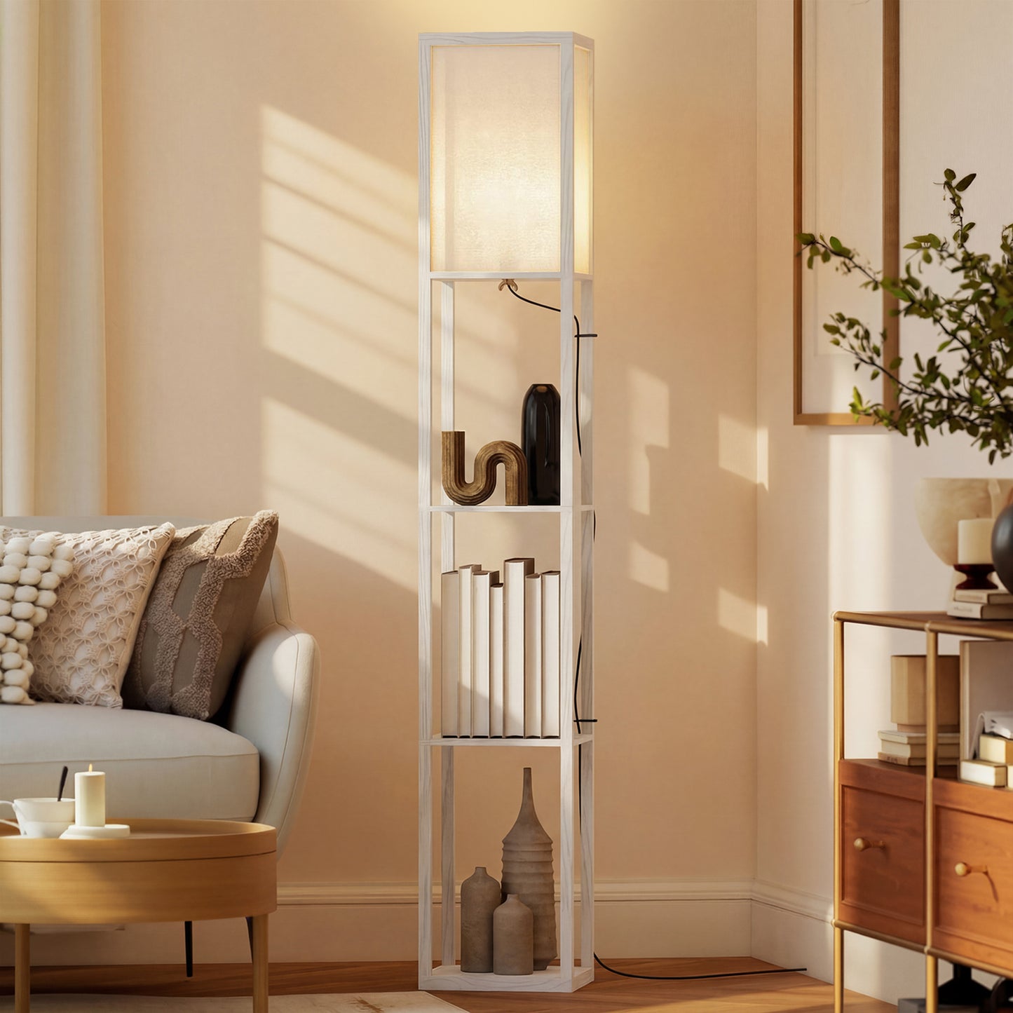 3-Tier Floor Lamp with Shelves and Storage, Modern Corner Standing Lamp with Lampshade, Foot Switch for Living Room, Bedroom