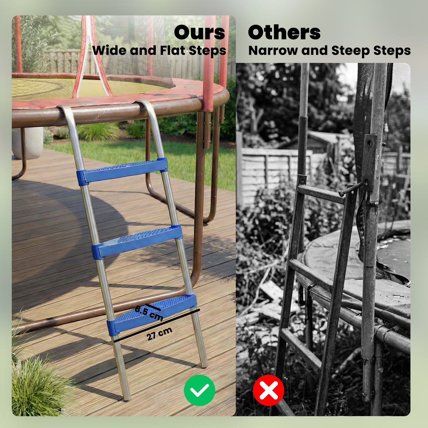 Trampoline Ladder, 3-Steps with Horizontal Wide Steps, Universal Hook, Galvanised Steel Frame, 150kg Load Capacity