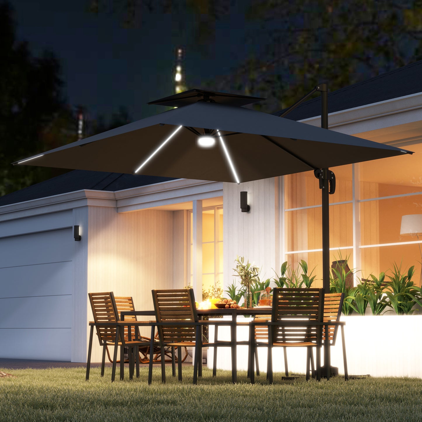 2.5m Cantilever Parasol with Solar Powered LED Lights, 360° Rotation, Tilt Adjustment, Crank Handle, Dark Grey