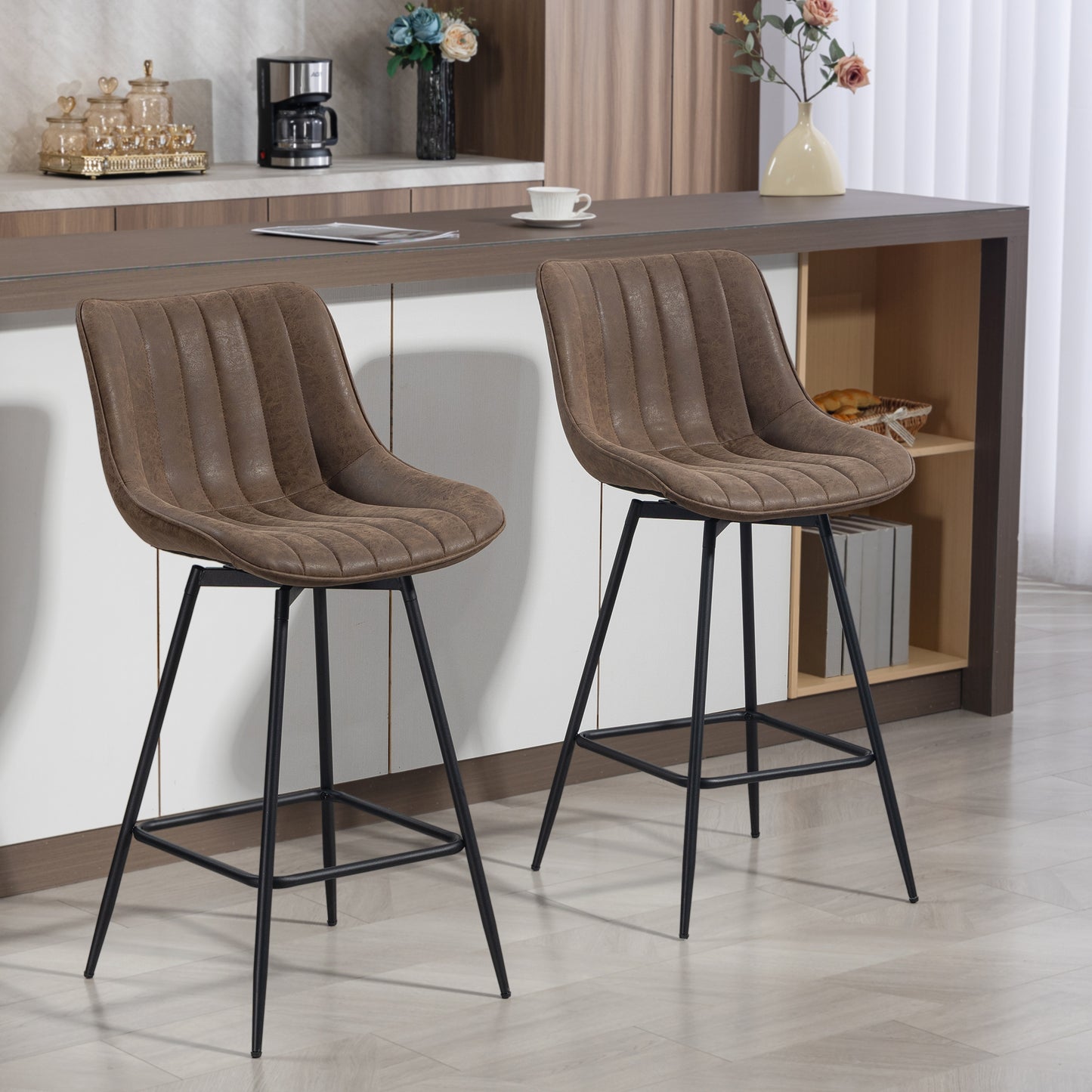 Set of 2 PU Leather Swivel Bar Stools - Brown