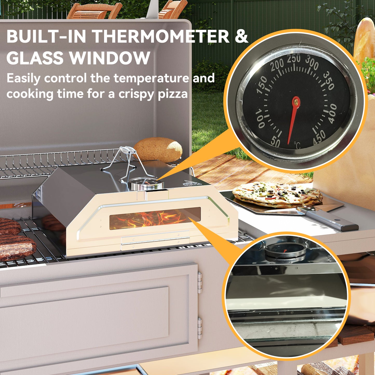 8 in Portable Stainless Steel BBQ Grill Top Pizza Oven with Built-in Thermometer and Viewing Window for Gas and Charcoal BBQ