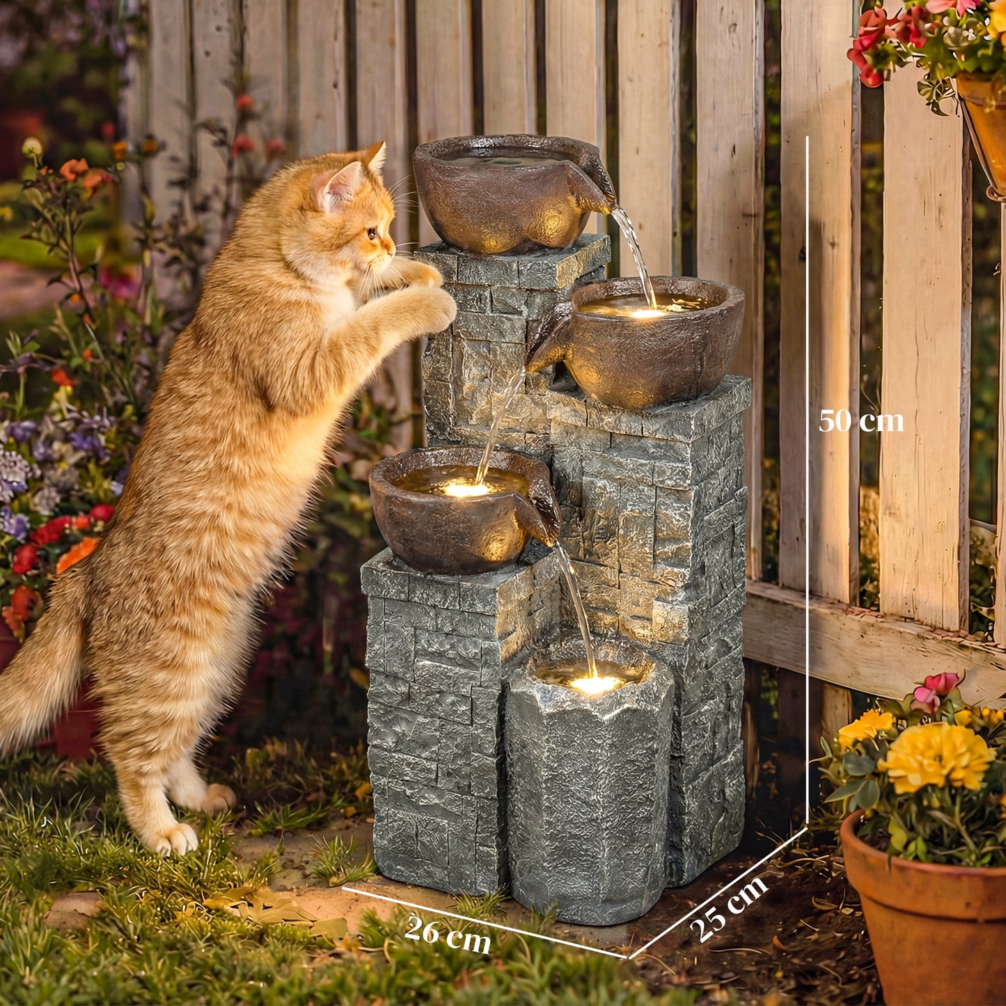 4-Tier Outdoor Fountain, Cascading Waterfall, Garden Fountain with LED Lights, Adjustable Flow, Grey and Rustic Brown