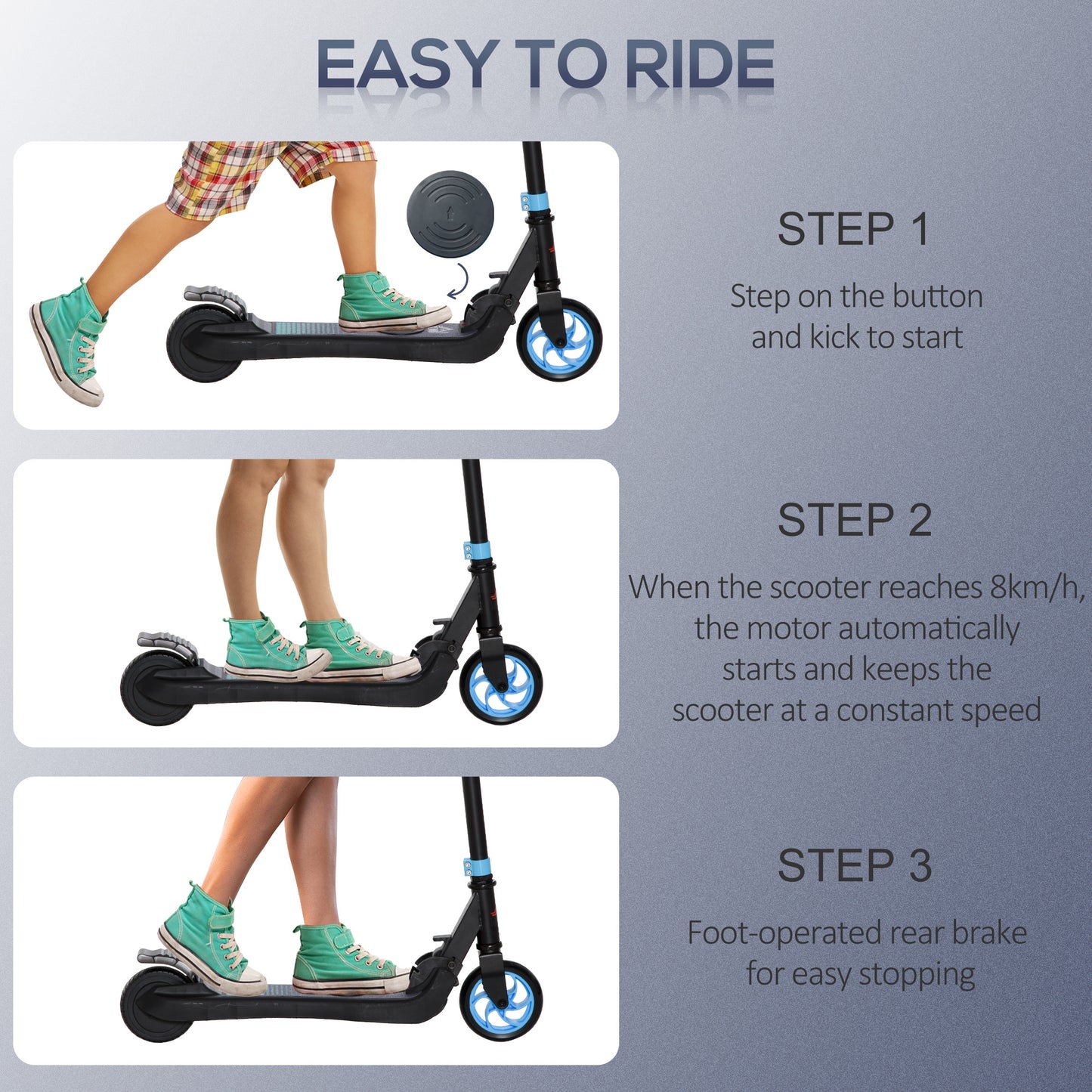 Folding Electric Scooter with Brake, for Ages 6+ Years, 8km/h Maximum Speed, Blue