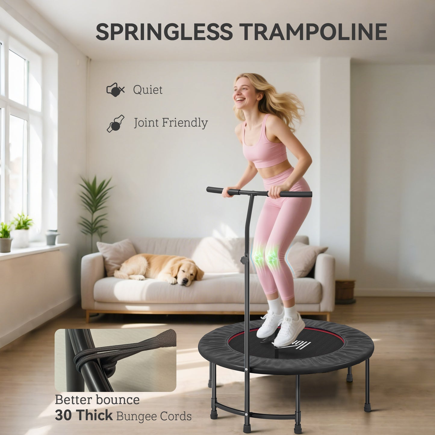 40" Fitness Trampoline with Adjustable Handle, Rebounder Trampoline, Mini Jumper for Indoor Exercise Workout, Black