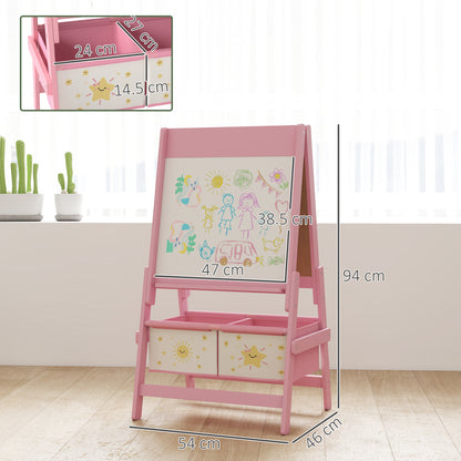 Art Easel for Kids, Double-Sided Whiteboard/Blackboard with Paper Roll, Two Storage Boxes, for Ages 3-8 Years, Pink