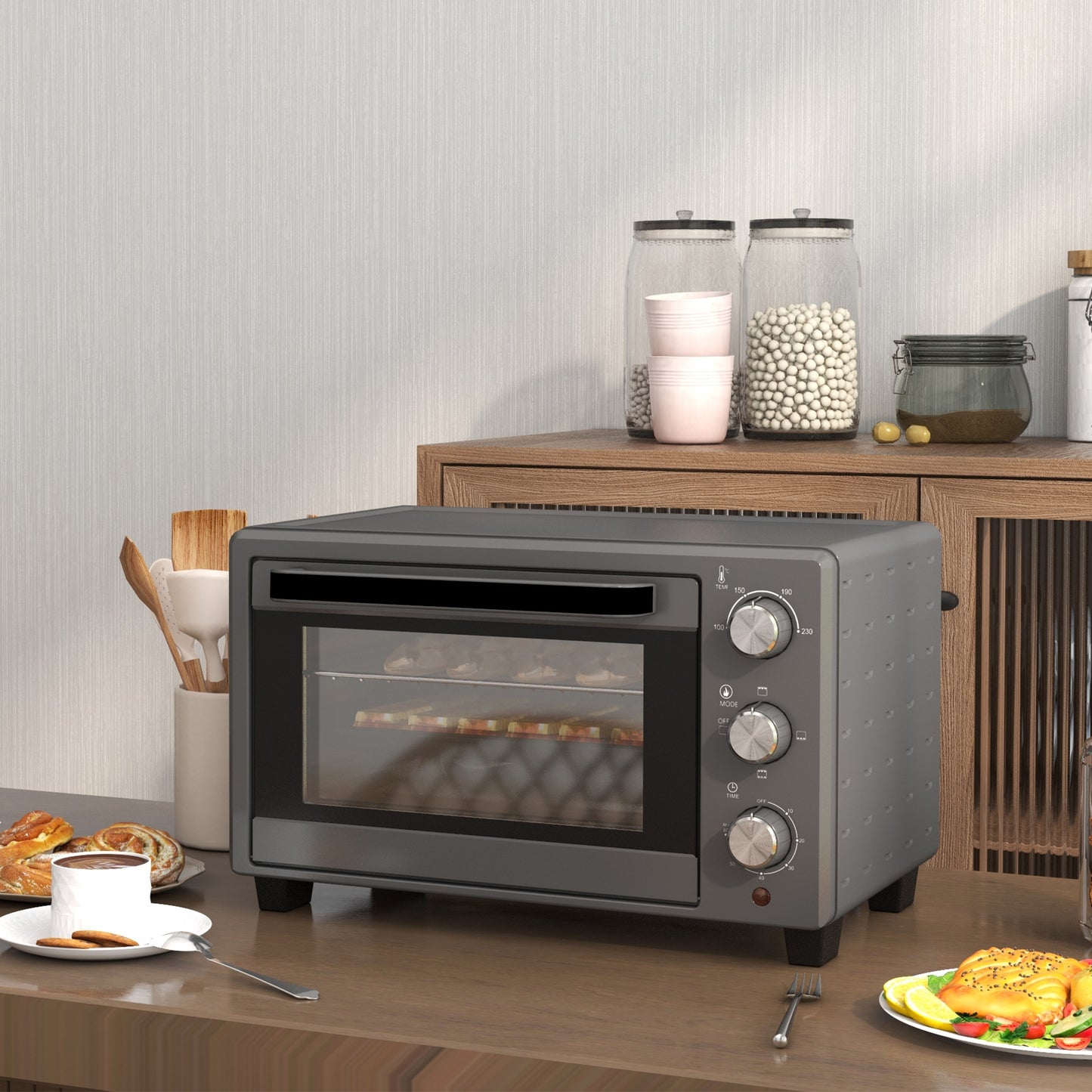 21L Mini Countertop Oven, 100°C-230°C Adjustable Temp - Grey