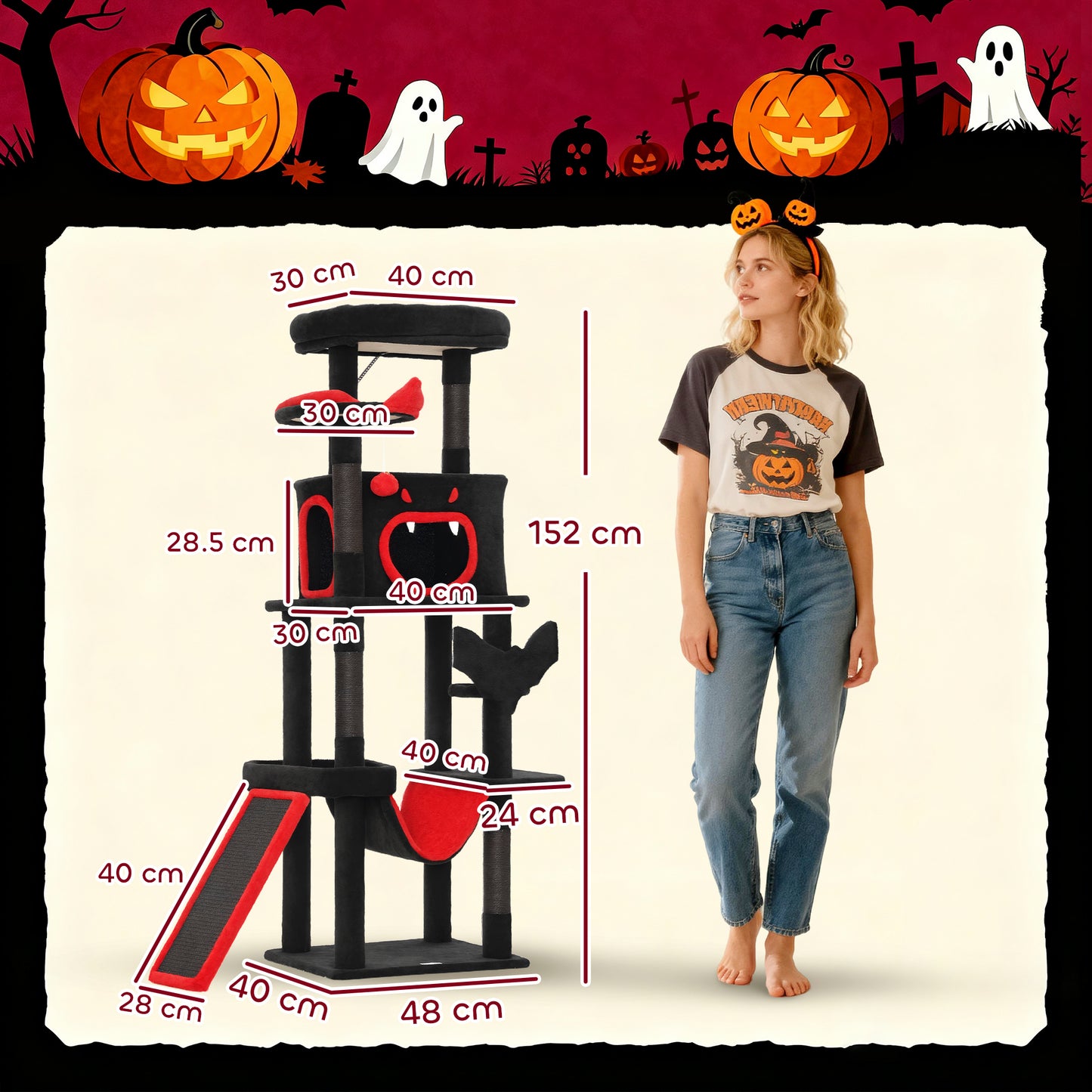 Gothic Cat Tree, 152 cm Multi-Level Cat Tower for Large Cats with Coffin Bed, Large Condo, for Halloween