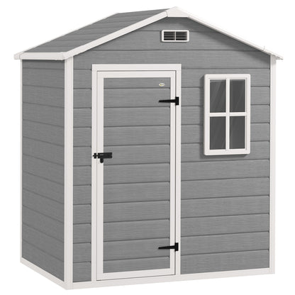 6 x 4ft Plastic Shed with Floor, Wood Effect Resin Garden Shed with Window, Lockable Door, Lock and Keys, Vents
