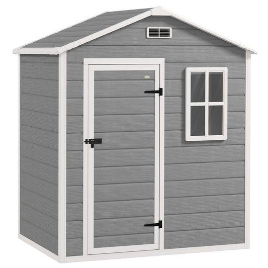 6 x 4ft Plastic Shed with Floor, Wood Effect Resin Garden Shed with Window, Lockable Door, Lock and Keys, Vents