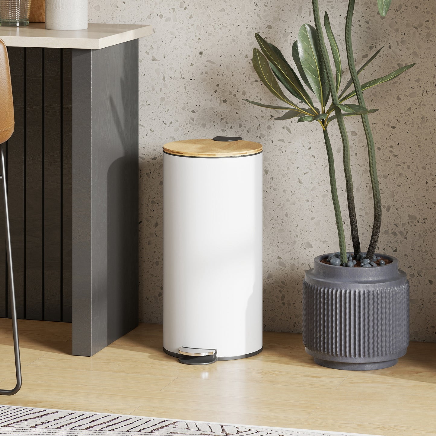 Kitchen Bin, 30 Litre Pedal Rubbish Bin with Removable Bucket, White and Natural