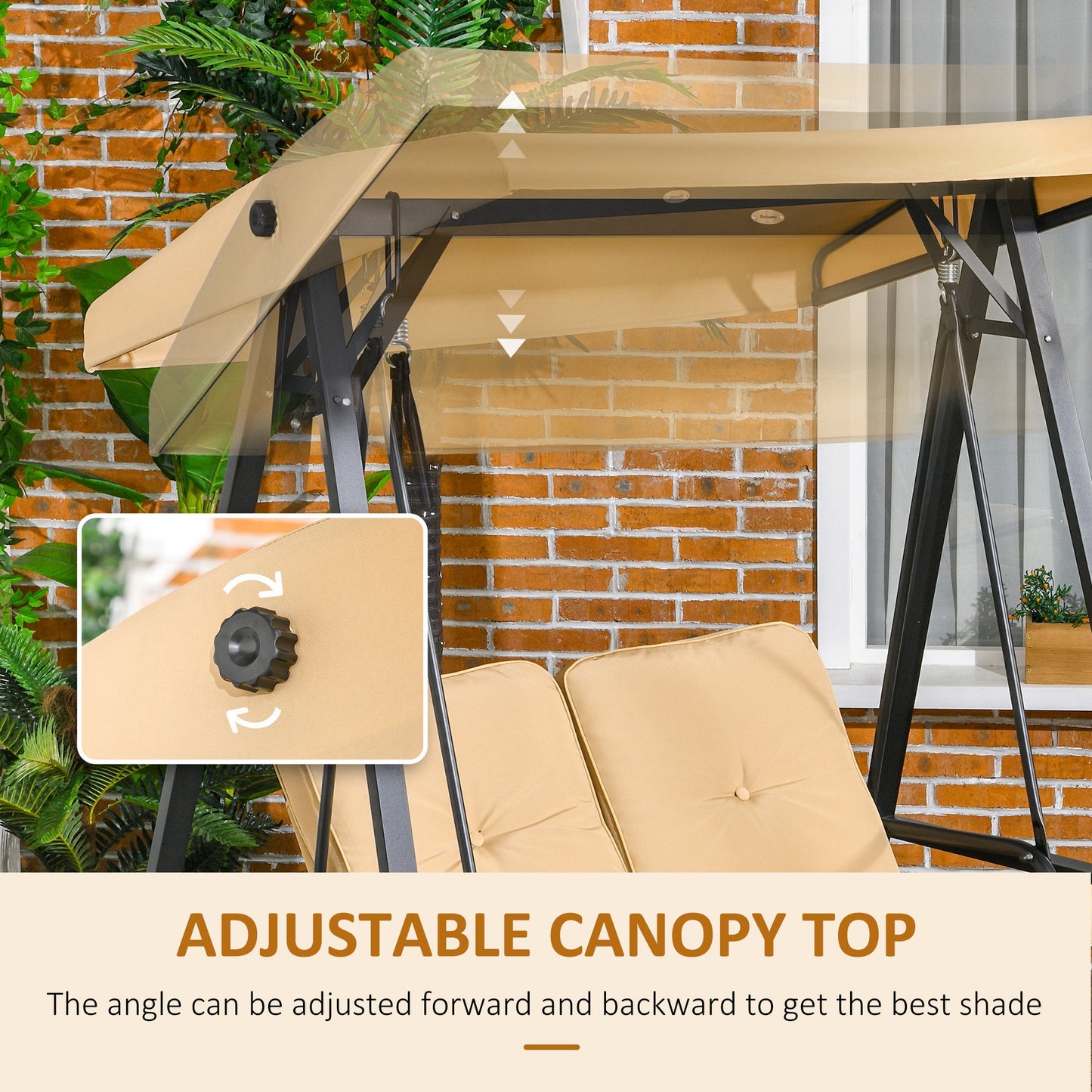 Two-Seater Garden Swing Bench, with Adjustable Canopy - Beige