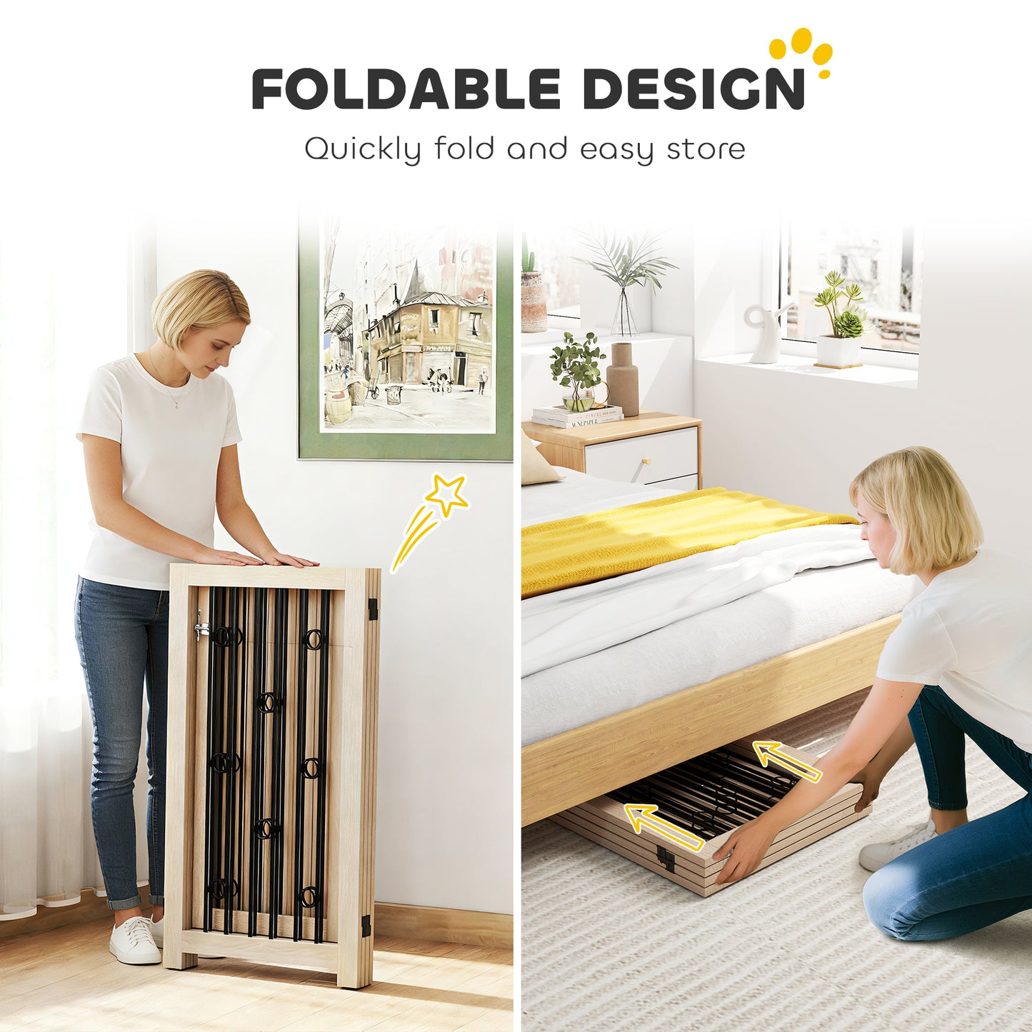 4 Panel Freestanding Pet Gate, Indoor Dog Barrier with Lockable Door, Support Feet, 360° Flexible Hinges, Oak