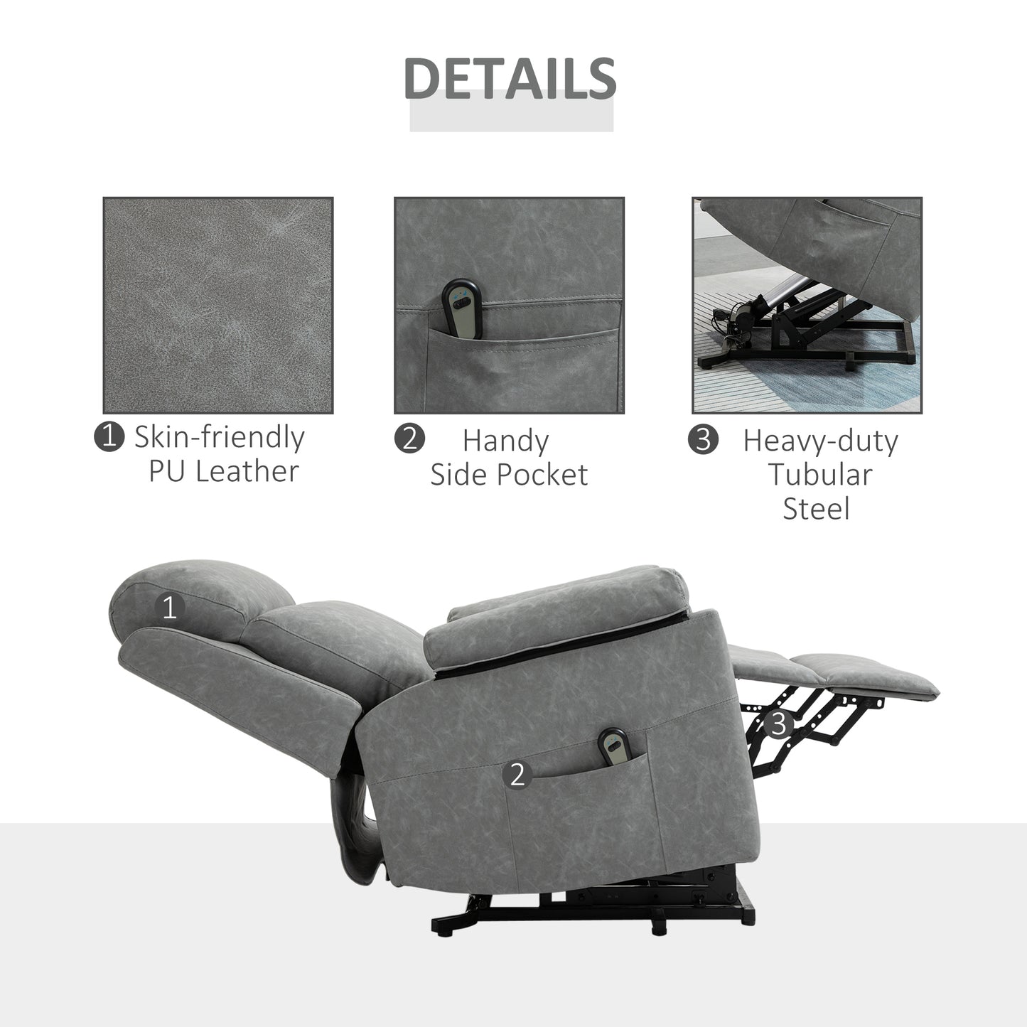Faux Leather 70° Electric Riser Recliner Chair - Grey