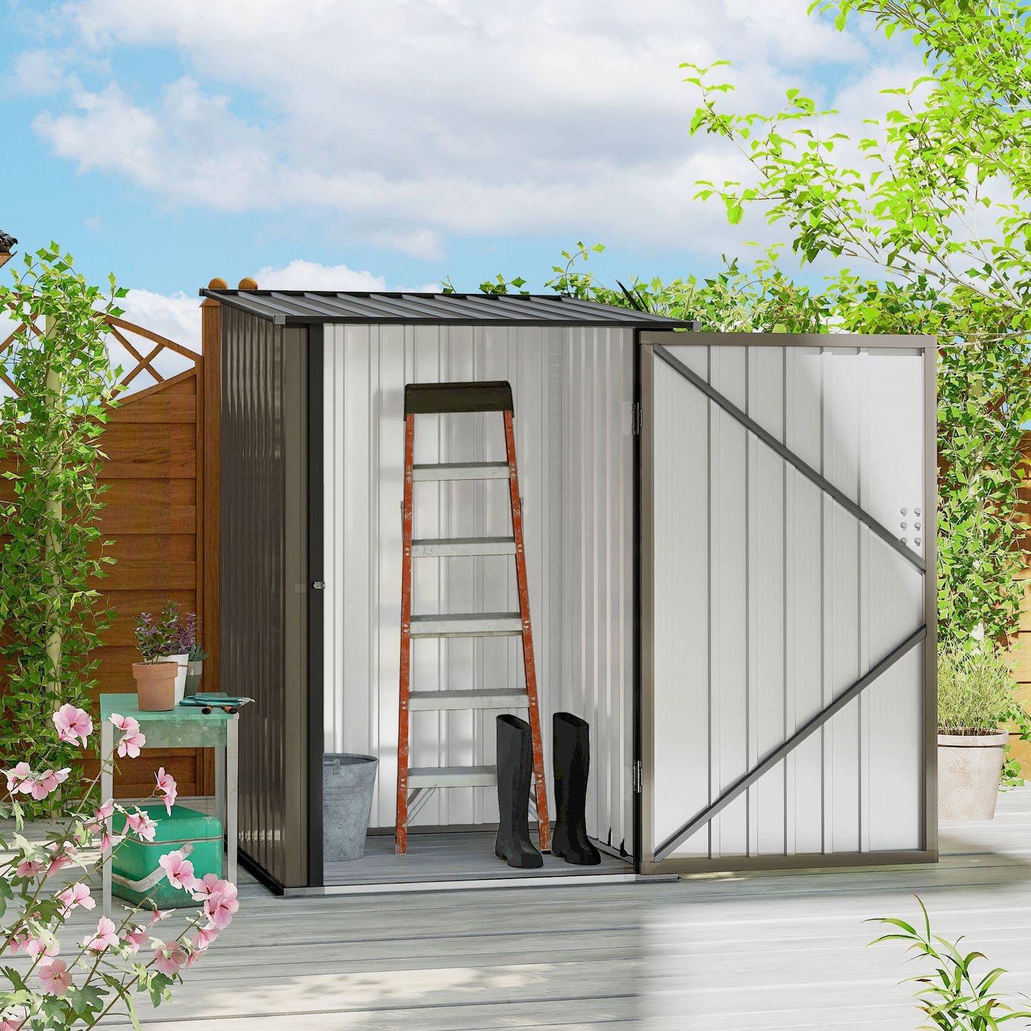3.3 x 3.4ft Lean To Steel Garden Shed with Locking Door - Brown/Grey
