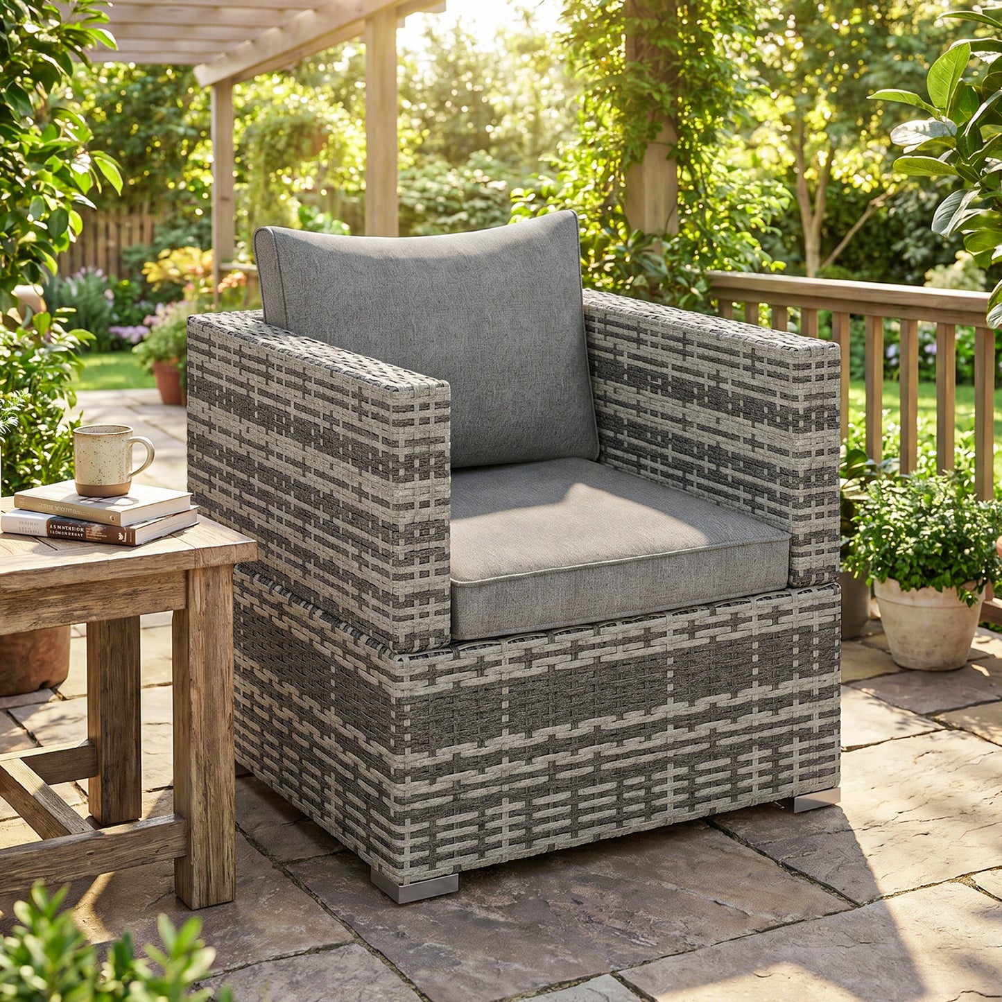 Single Seater Rattan Chair Sofa with Padded Cushions, All-Weather PE Wicker Weave Garden Armchair with Armrests, Grey