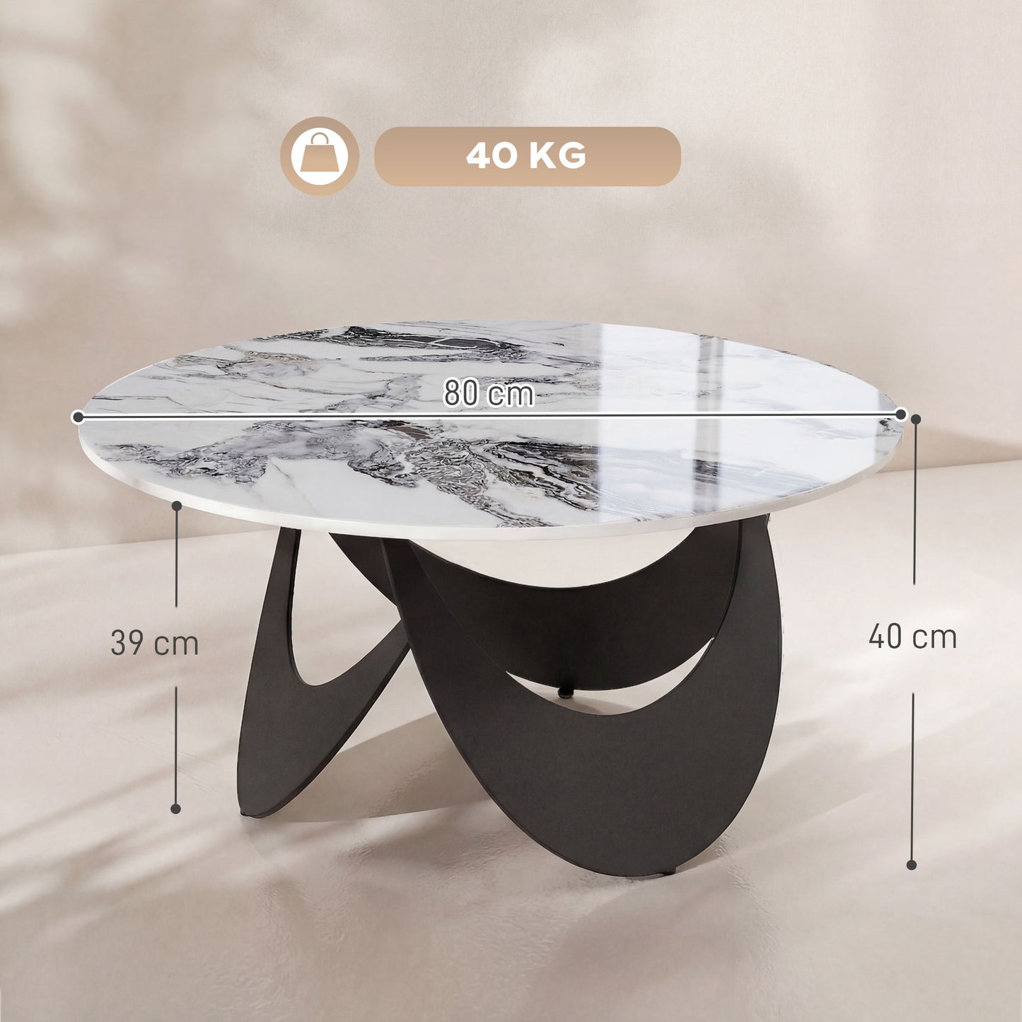 Coffee Table Sintered Stone Top Adjustable Foot Pads Modern Centre Table for Living Room White and Black