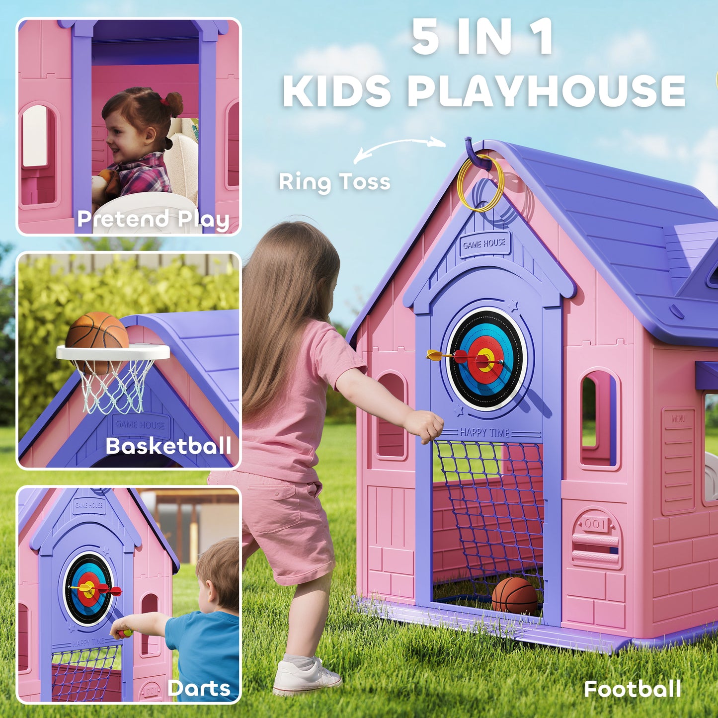 5-in-1 Playhouse for Kids Outdoor Indoor with Basketball Hoop, Football Goal, Dartboard, Ring Toss for 2-5 Years, Pink