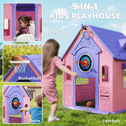5-in-1 Playhouse for Kids Outdoor Indoor with Basketball Hoop, Football Goal, Dartboard, Ring Toss for 2-5 Years, Pink