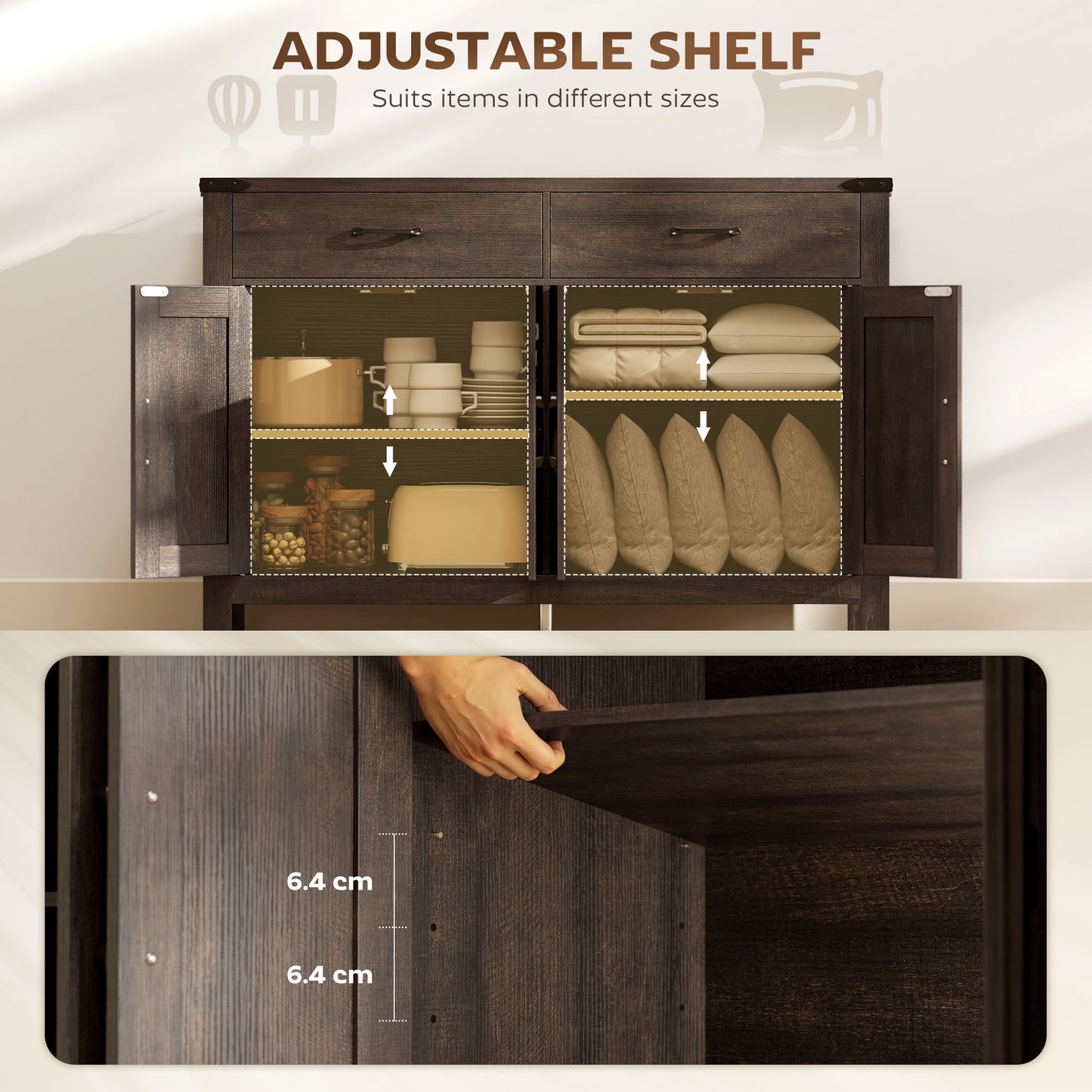 Kitchen Cupboard, Sideboard with 4 Doors, 2 Drawers and 2 Adjustable Shelves for Dining Room, Dark Brown