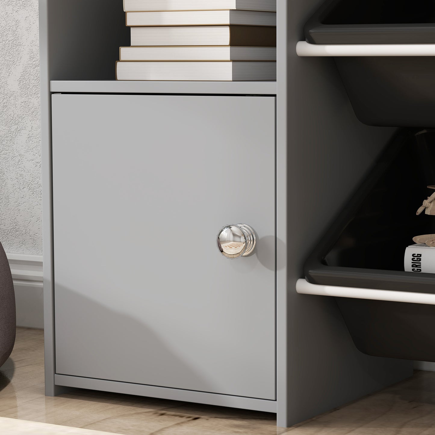 Toy Storage Unit with 8 Removable Bins, Storage Shelves, Cabinet, Grey