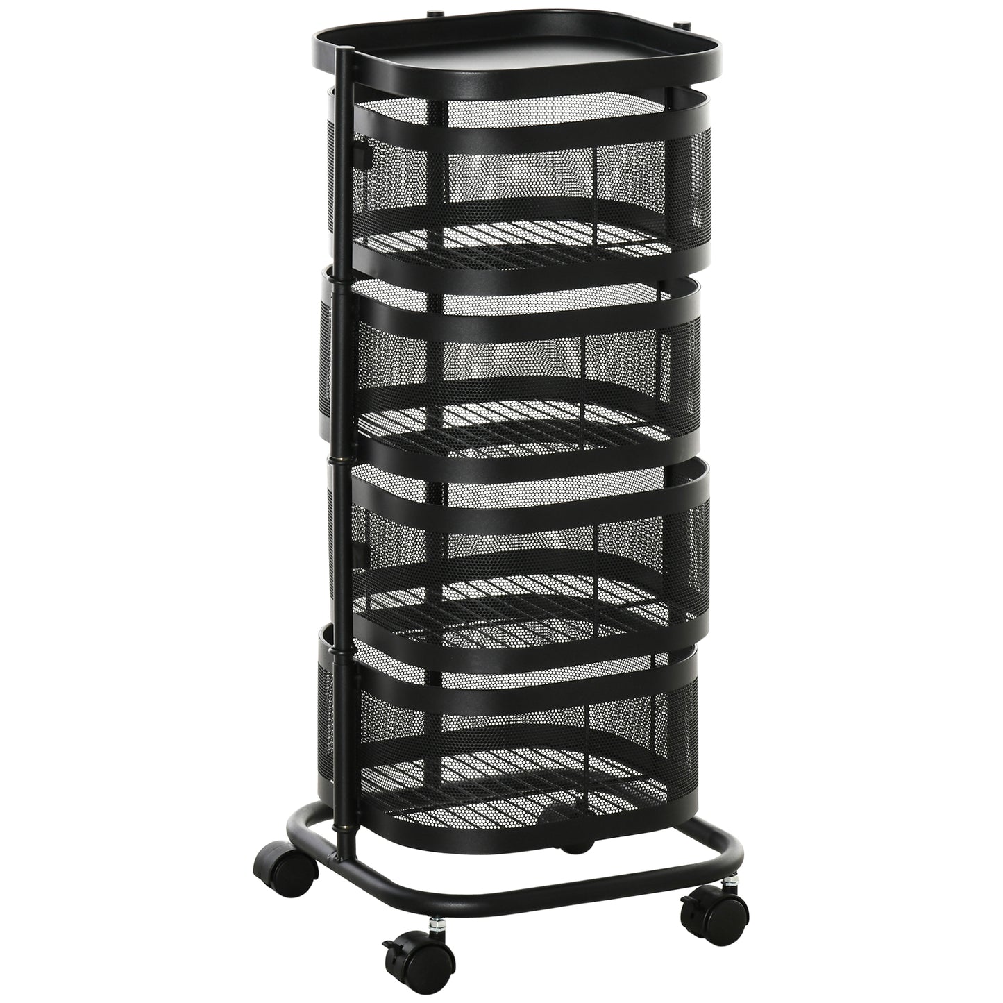 Metal Storage Cart, 4-Tier Storage Trolley on Wheels with 4 Mesh Baskets and Top Tray, Black