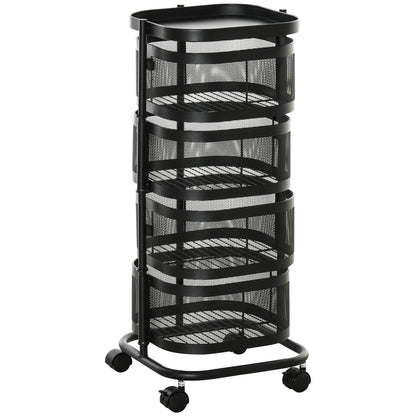 Metal Storage Cart, 4-Tier Storage Trolley on Wheels with 4 Mesh Baskets and Top Tray, Black