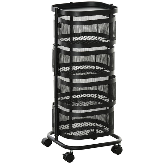Metal Storage Cart, 4-Tier Storage Trolley on Wheels with 4 Mesh Baskets and Top Tray, Black
