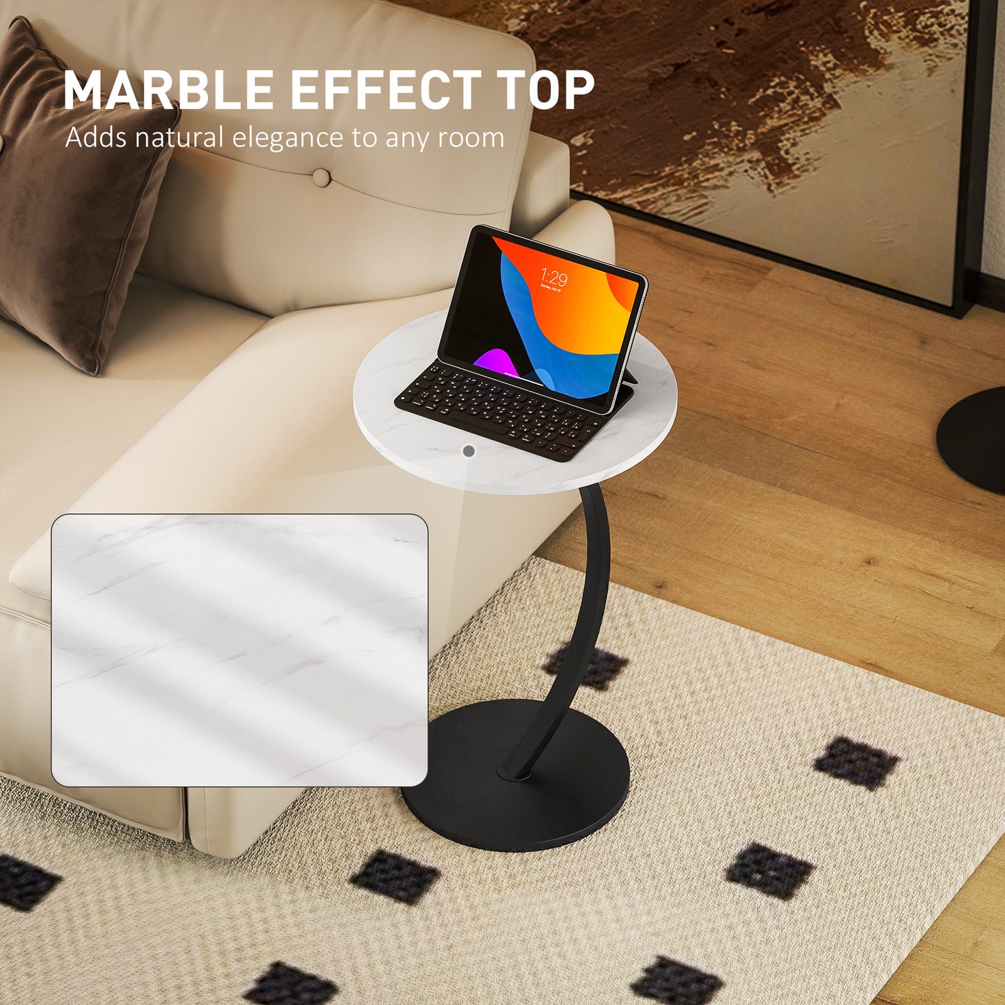 C Shaped Side Table, Round Bedside Table with Marble Effect Top