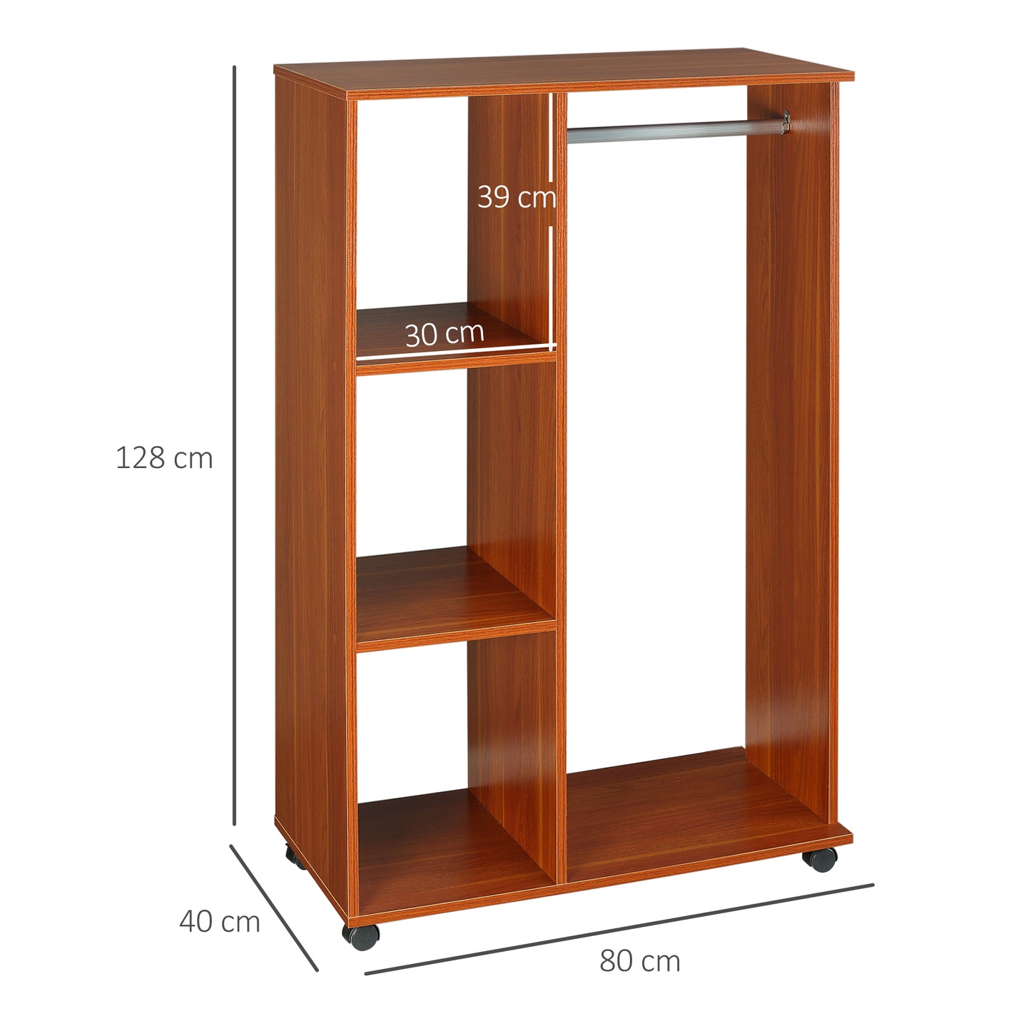 Open Wardrobe on Wheels, Bedroom Wardrobe with Clothes Hanging Rail, 3 Storage Shelves, Mobile Garment Rack for Cloakroom