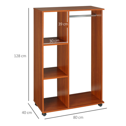 Open Wardrobe on Wheels, Bedroom Wardrobe with Clothes Hanging Rail, 3 Storage Shelves, Mobile Garment Rack for Cloakroom