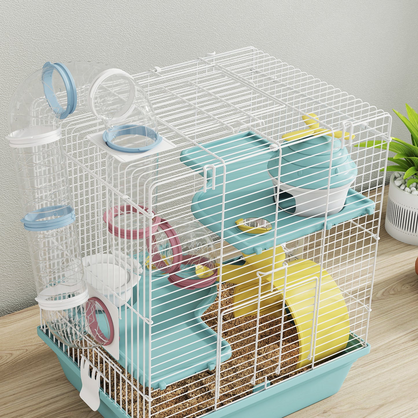 3-Level Hamster Cage with Exercise Wheel, Water Bottle, Food Bowl, for Dwarf Hamsters, 34.5 x 27.5 x 41 cm, Blue