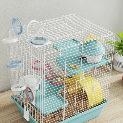 3-Level Hamster Cage with Exercise Wheel, Water Bottle, Food Bowl, for Dwarf Hamsters, 34.5 x 27.5 x 41 cm, Blue